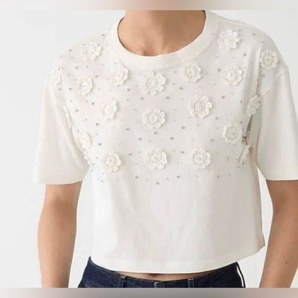 J.Crew Cropped T-shirt with crochet floral appliqués NWT Size S - Picture 1 of 10